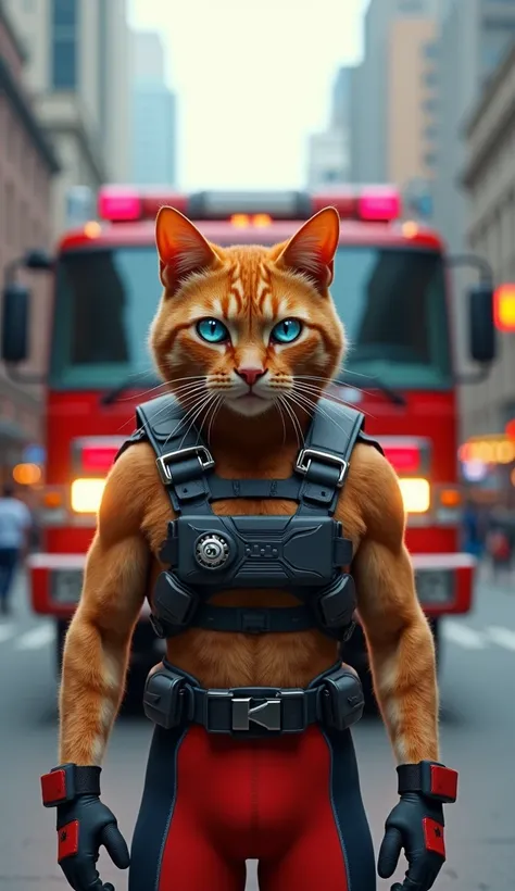 (photorealism:9.16), Make a picture of an orange cat with an athletic body, blue eyes, wear talent extinguishing clothes, standing in front of a fire truck, facing the camera, with the city center in the background, wide, full body image, super realistic 8...