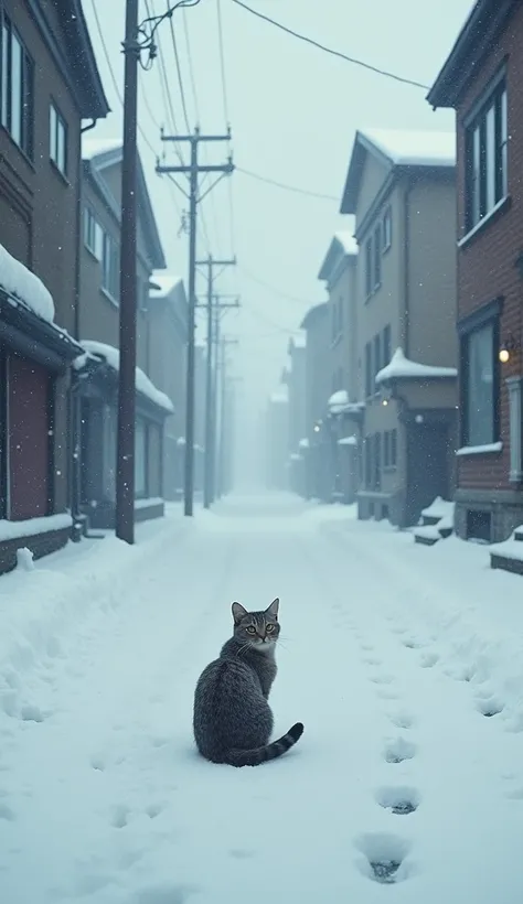 Picture a cat sitting alone in the middle of a deserted street during a heavy snowfall. The snow is falling thickly, covering everything in a cold, white blanket, but the cat remains unmoved, its thin body barely visible against the whiteness. Its fur is m...