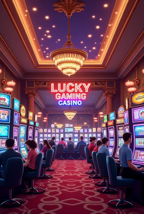 casino room showing the name LUCKY GAMING CASINO on front wall also write the name of games on walls juwa , Orion star, game vault, milky way, yolo, vegas x ,