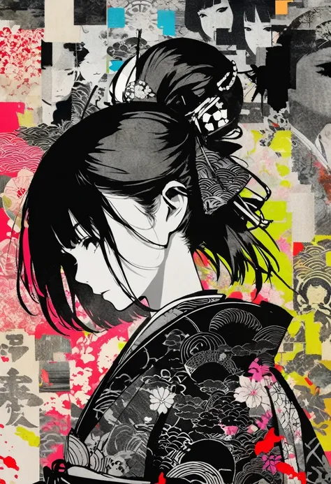 (masterpiece, best quality),(multiple exposure silhouette: 1.2),
block print collage depicting,female samurai,teen,she is surrounded by japanese traditional symbols,wearing ronin clothes,slash happy,monochrome with splash color, collage art, contemporary a...