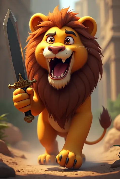 Animation of dangerous lion with sword 
