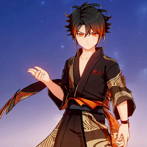 masterpiece, best quality, 3d, 1boy, solo, male, black-orange kimono, 5 fingers on each hand, black hair, elements of earth and ...