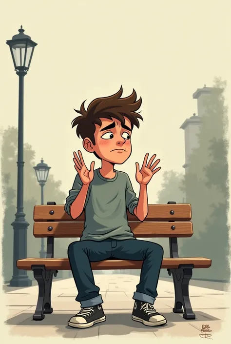 Cartoon of a young man complaining about his life&#39;s hardships and a gloomy face while sitting on a bench,hands raised on the table