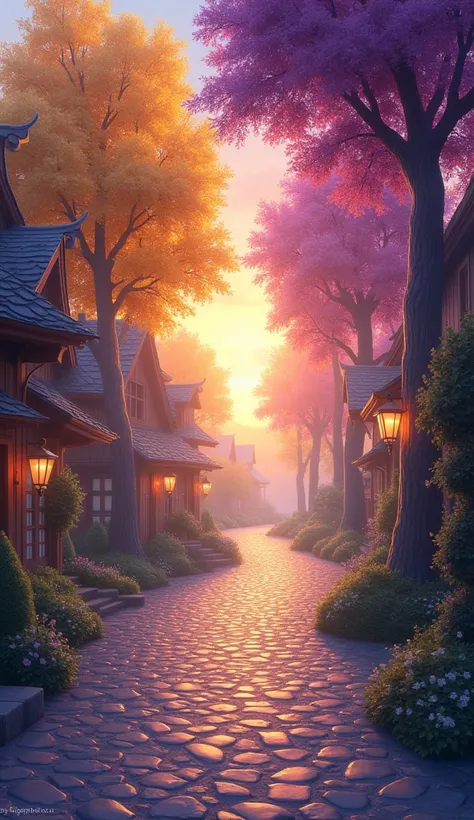 "A cobblestone street at sunset, with a path made of small stones, Creating a magician, dreamy ambiance. The trees on both sides of the street are yellow Ype, purple Ype, rosa Ype, adding to the romantic and serene atmosphere."
"A cobblestone street at sun...