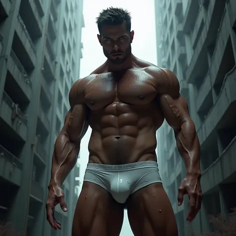 Create a male character, high-rise, without clothes, just wearing white underwear that is all sticky, the penis volume outlines the underwear, your sweaty body, evil and domineering face