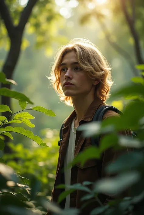 a university boy with wavy blonde long hair, brown eyes, in a forest, funny expression, 2000s style, photo taken with old camera, high quality, detailed, photorealistic