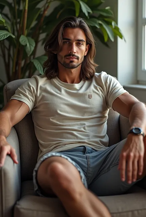 Handsome man sitting on chair with long hair with clean shave, with cool t shirt,and shorts 