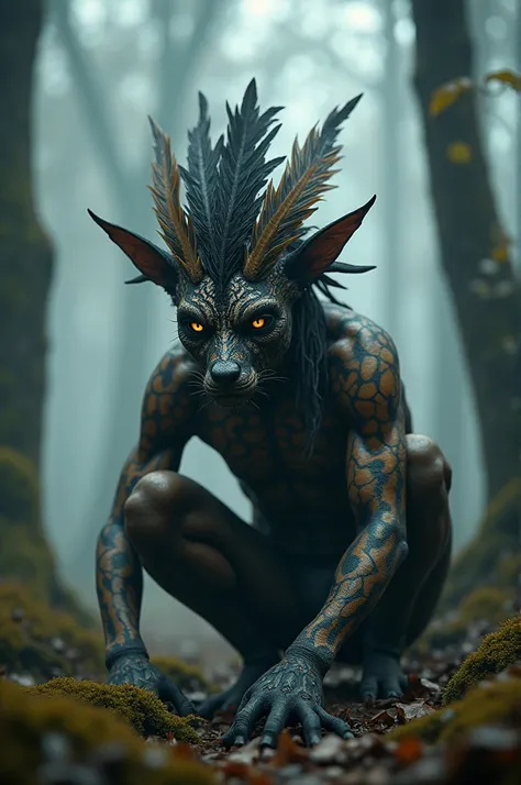 Generate a highly detailed and atmospheric scene of a mystical forest creature crouching in a misty woodland setting. The creature has an otherworldly appearance, with intricate body paint resembling cracked earth, and wears elaborate feathered adornments,...