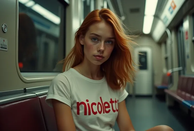 (photorealism:1.2), realistic photo of a slim and natural italian teenage girl, wearing a white t-shirt with the red writing Nicoletta and denim shorts, with red hair moved by the wind and blue eyes, with fair skin and small freckles on the face, proud loo...