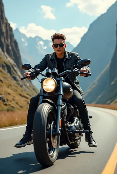 Man of about 2 with black jean jacket, Black jeans and a black visor on a chopper motorcycle traveling along the route between the mountains with a guitar hanging on the back