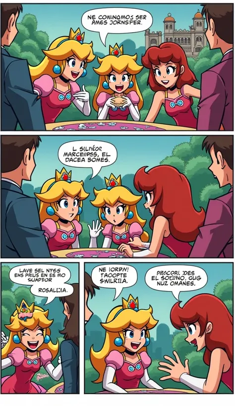 a comic strip, with sandwiches, the language in spanish, of the three princesses of super Mario making their foot fetish shop, Their uniform is latex suits