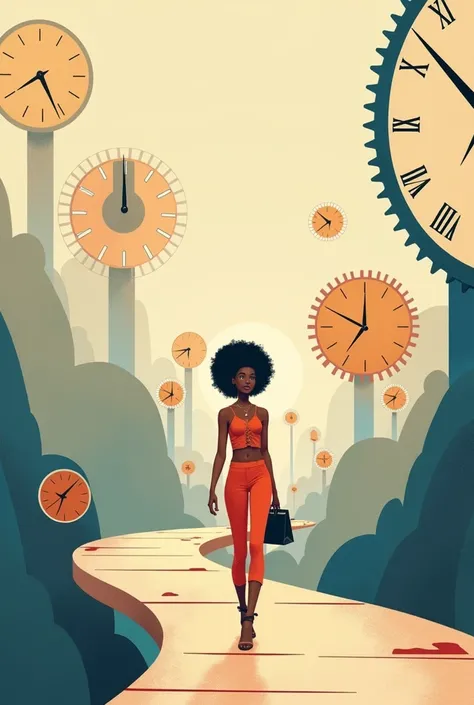 
a black woman walks along clock paths, minimalist, cartoon, digital art,