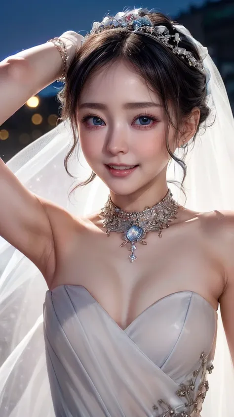 (4k quality:1.3),(Highest quality:1.3),(Whitening:1.4),(Baby Face,Girl:1.3),(The best beauty:1.5),rich,Upper Body,smile,(Black strapless bejeweled dress:1.3),(Take off the dress:1.6),Overflowing breasts,(jewelry),Captivate a man,Cleavage,(Super Celebrities...