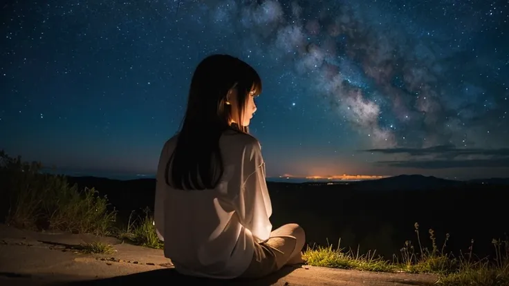 anime, Silhouette of a young woman sitting on a hill and looking at the stars