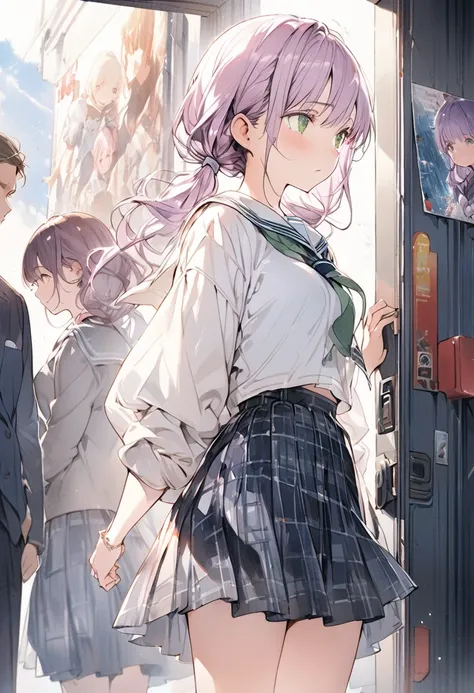 Entrance to the cinema, in front of a poster showing a movie, a girl standing waiting, school uniform, loose ribbon tie, blouse, checked skirt, light purple hair in low twin tails, green eyes, looking around, anxious, masterpiece, detailed line drawing, wa...