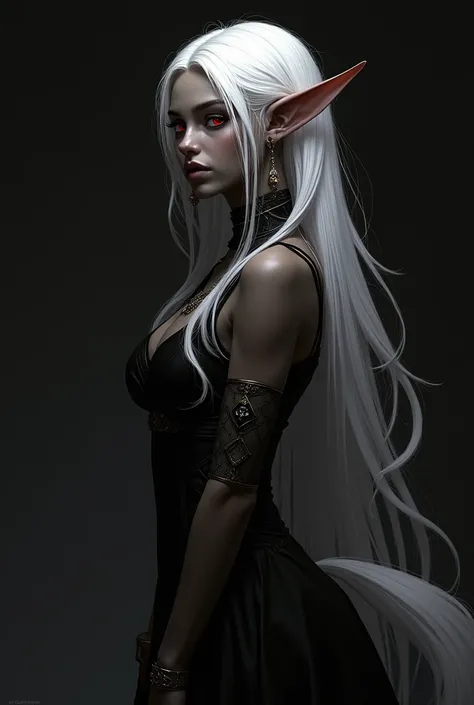 masterpiece, official art, Best Quality , extremely detailed, fantasíav2, 1 girl, Alone, by the wide, hits, red eyes, Love, jewelry, hair Love, Horse tail, White hair, side locks, earrings, Elf&#39;s ears, Dark skin, mujer standingl oscura, Lips, eyelashes...