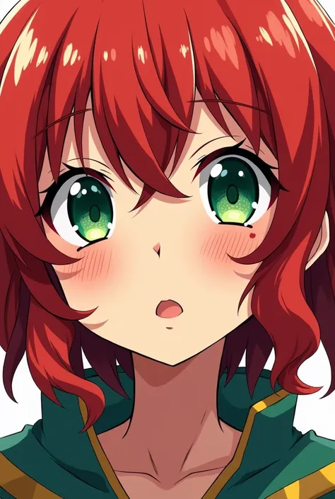 Girl with red hair and green eyes and freckles on her face, boku no hero style