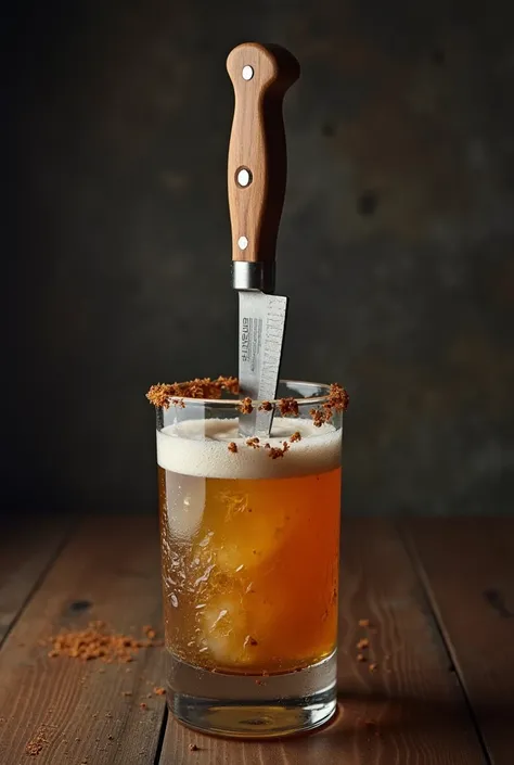 A glass holding a knife