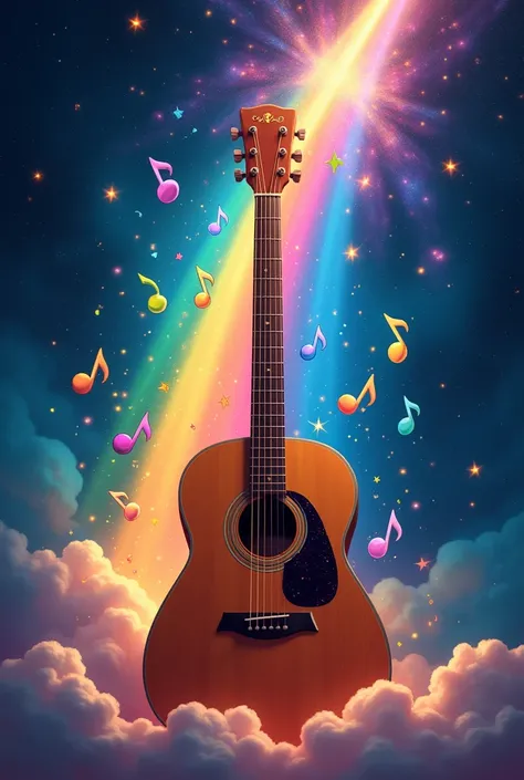 Animated acoustic guitar with colorful musical notes and behind it the rainbow that goes to the cosmos with the presence of God
