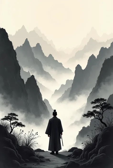 Chinese painting，Ink画，Ink，Inky black，Soil，Vision，Ultra-wide viewing angle，Freehand，The scholar in simple clothes faces the mountains in the distance with his back to the camera，Mountains in the background，（8k wallpaper），Octane Rendering，White balance desig...