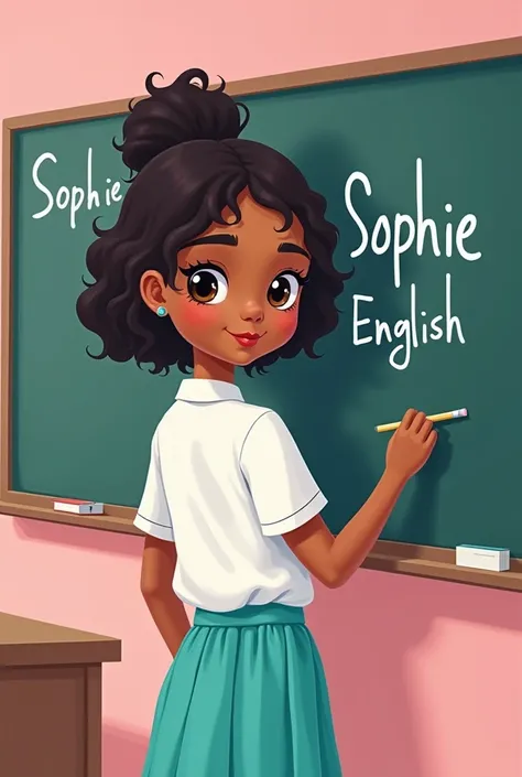 Kawaii image of a  with mixed skin and slightly long, curly hair, with white shirt and turquoise skirt, writing in english on a blackboard,  and with the word Sophie and the word English written on the pink background