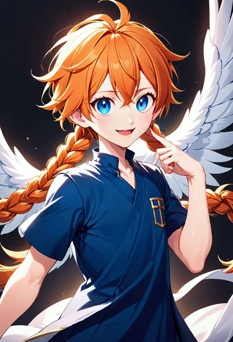 score_9, score_8_up, score_7_up, score_6_up, score_5_up, score_4_up, source_anime, open mouth, smile, pose, tunic, wings,, 1boy, heruse arisu, blue eyes, orange hair, single braid, long hair, 