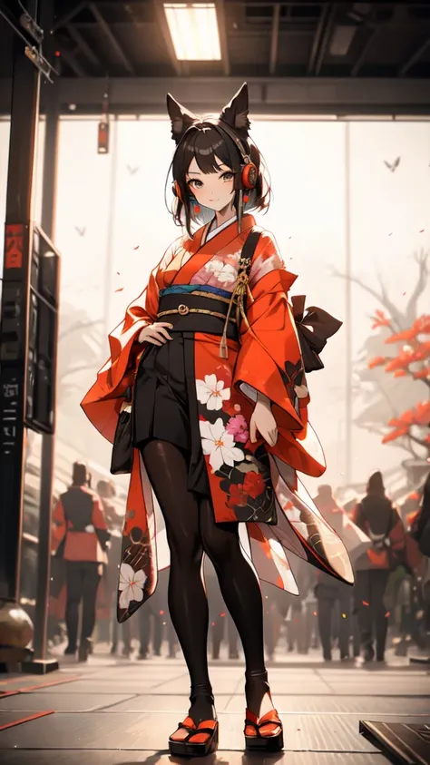 Aggressive　Wearing a flashy kimono and playing the shamisen　　I have headphones on　BackgroundJapanese painting