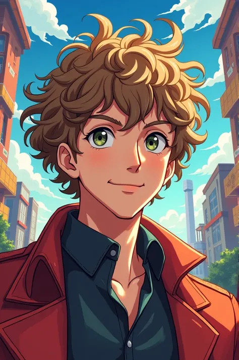 Do a drawing anime about a curly hair man with light brown skin, and face kinda of square