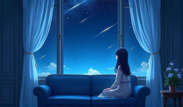 make a computer background anime picture of a girl sitting on a blue sofa in front of the large window and look out of the window with a sky full of bright of shooting star