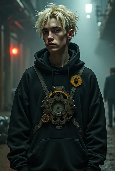 Dark-haired man with short blonde hair and black gears,Goth,loose sweatshirt clothes