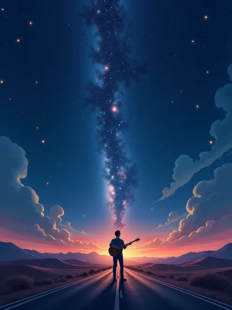 a long road with a vibrant atmosphere, a silhouette of a male guitarist playing in the backlight, standing at the center of a desert intersection. A sky filled with stars and a few fireflies in the air.