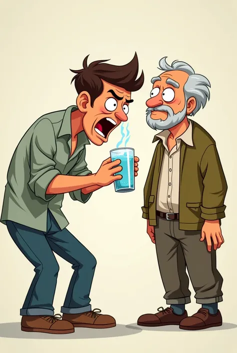 Cartoon A young man with a reaction to vomit while holding a glass of water and being watched by an old man