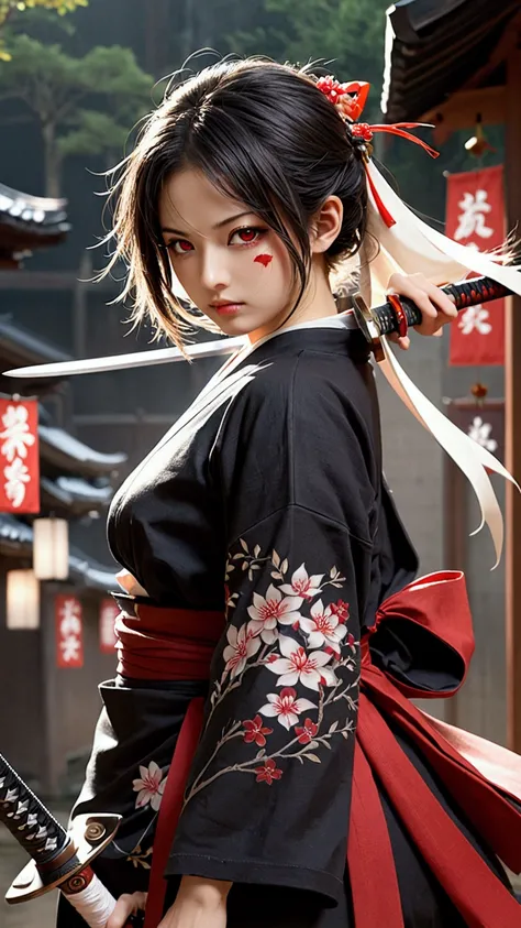 (Japanese sword &reference;Muramasa 2&reference;.2)One beautiful woman、Japanese swordを持った女性、armor、pocket、Warrior、Clear Eyes、Red Eye、{Arm tattoo、Warrior、Realistic battle scenes、敵Warriorの返りBlood、Blood、High resolution、Highest quality、Very detailed、8k、backgrou...