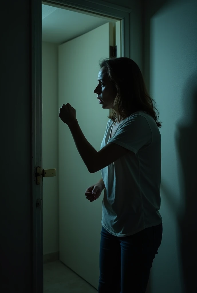 Scared woman standing at a closed door listening