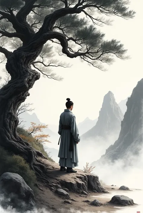 Chinese painting，Ink画，Ink，Inky black，Soil，Vision，Ultra-wide viewing angle，Freehand，Ancient Chinese Clothing，A scholar in simple clothes stands under a big tree，With his back to the camera, facing the mountains in the distance，Mountains in the background，（8...