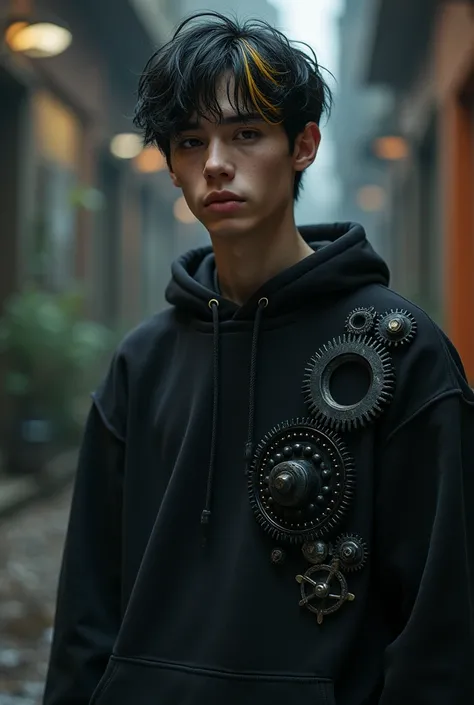 Dark-haired man with short blonde hair and black gears,Goth,loose sweatshirt clothes, Youngh