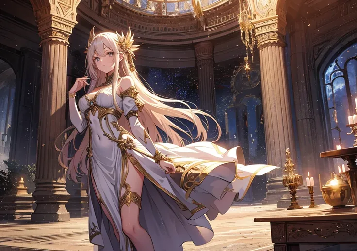 A scene of a beautiful girl standing in front of the Temple of Time. The temple is as grand as an ancient ruin, with a design that evokes the passage of time. The temples pillars and carvings have time engravings and clock motifs, and fantastic light shine...