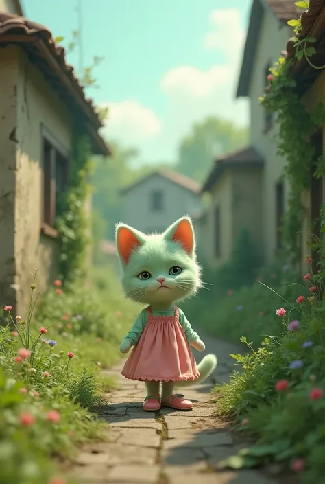 Momo discovering the old, abandoned garden.Momo in a pastel-colored dress and matching shoes, looking sad while wandering through the town. Her green strawberry-colored fur stands green  cat  is shown in her pastel dress and shoes, with a thoughtful and sl...