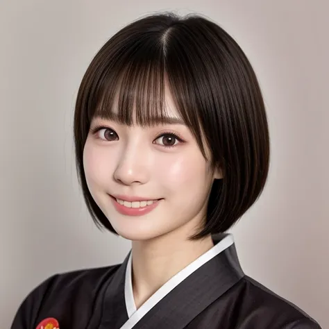 (kawaii 18 year-old Japanese highschool girl, Nogizaka idol, Korean idol), healthy female athlete body, (glossy brown hair, short hair, pixie cut, bangs:1.3), (rounded face, beautiful black eyes, single eyelid, no makeup:1.2), (looking at viewer, grin), (w...