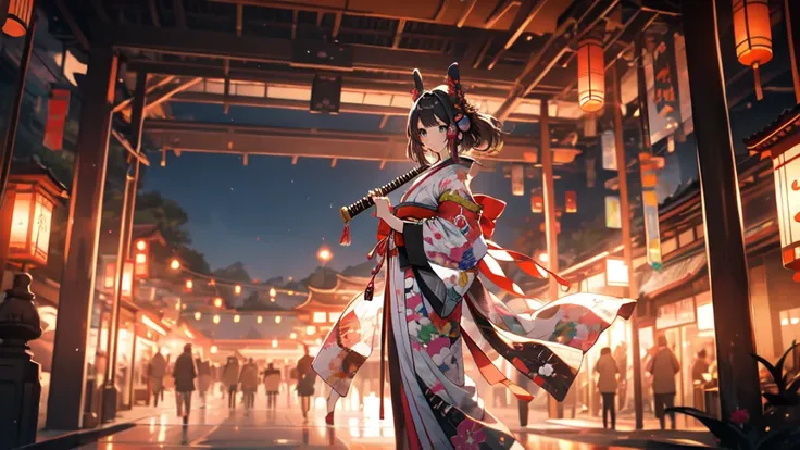 Aggressive　Wearing a flashy kimono and playing the shamisen　　I have headphones on　BackgroundJapanese painting