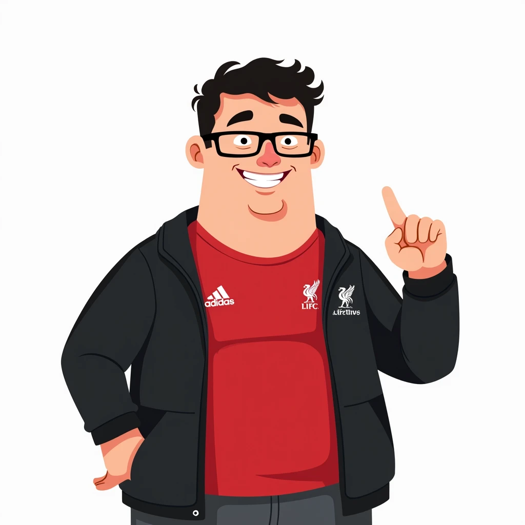 Cartoon Mininal-style image of a slightly Portly youngman about 30 years old, with short hair black hair and smiling glasses, and making a minihardhand. He wore a red Liverpool shirt on the inside, a black Adidas jacket on the outside, with a white backgr