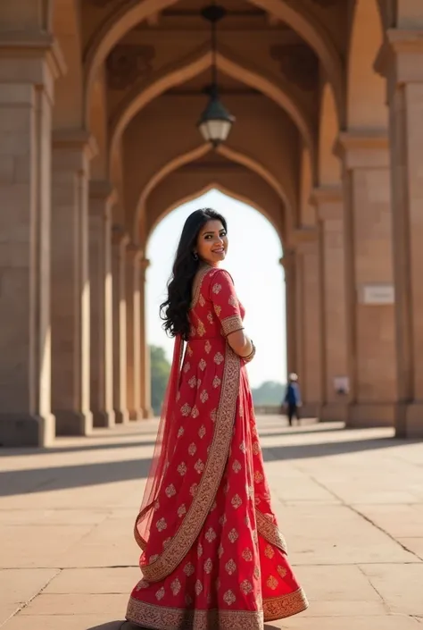 Beautiful women standing under gateway of india and wearing kurta
