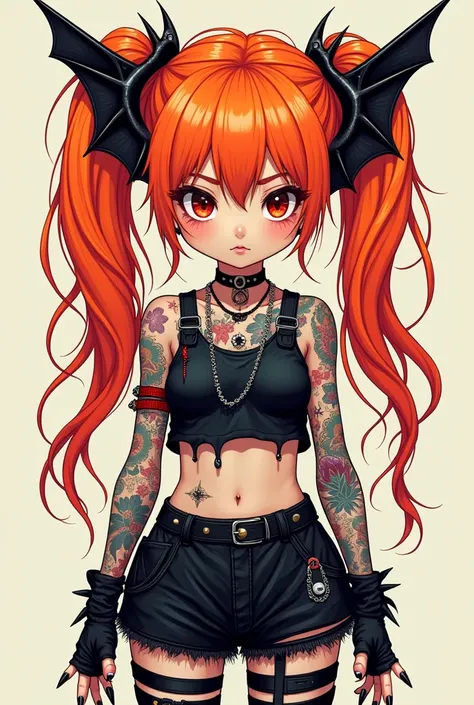 Punk rock emo girl, large pierced bat ears, long neon  orange hair in pigtails, tattoo sleeves and piercings, Red eyes, slender, skinny, short,  Harajuku-inspired punk clothes, no twins, one person, front view