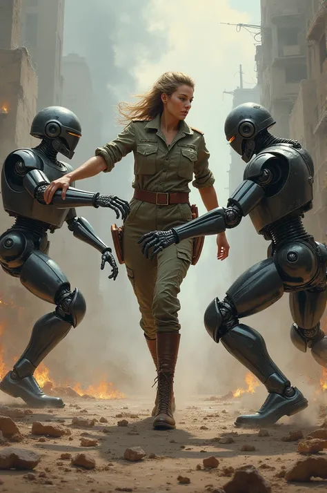 oil painting of a woman dressed like a soldier kicking 2 robots against the backdrop of a city being hit by war, 4K resolution