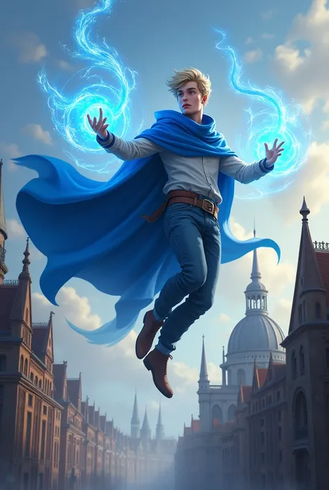 Light blonde young man with blue magic flying over a building wearing a blue cloak 