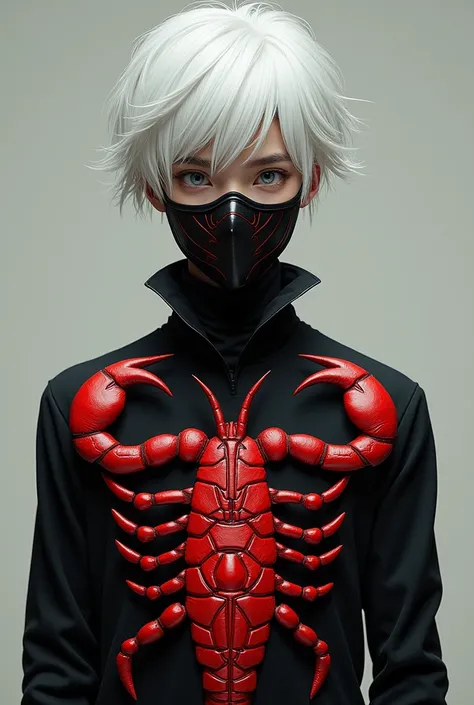 A youthful white-haired man with white eyes wearing a red scorpion-shaped shirt with black and a red mask and cream-colored skin 
