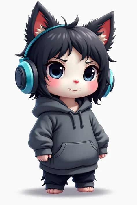 I want to create a series of stickers for WhatsApp and Telegram, the character has white skin., black eyes, black fur, gray hoodie, He is a child. ((( Blue gamer headphones )))