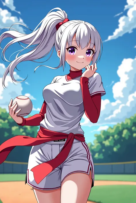 HD、Animation style、white hair 、Purple Eyes、girl、High school student 、single ponytail、Baseball player、Light color short sleeve top、Long sleeve red underwear、plump breasts、Good shape、Thin、sash、Sky、cloud、sunny、Baseball field