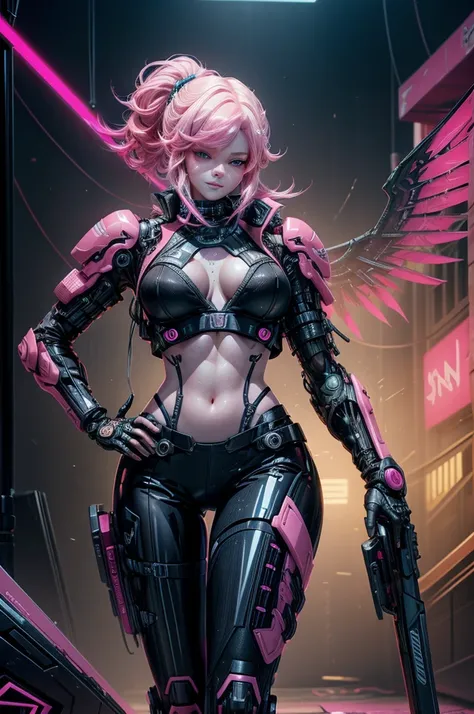 Beautiful girl, smile, cyberpunk, pony tail, go bankrupt, abs, Hair decoration, open chest clothing, Hose, shiny skin, big boobs, Decollete, poses that show off Decollete, sexly, Robot Girl Android with pink hair in a pink suit with small yellow elements h...