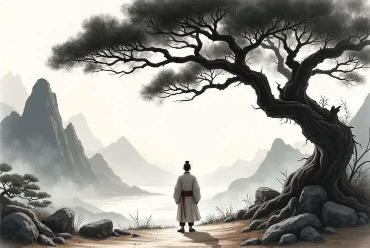 Chinese painting，Ink画，Ink，Inky black，Soil，Vision，Ultra-wide viewing angle，Freehand，Ancient Chinese Clothing，Wear ancient cloth shoes on your feet，A scholar in simple clothes stands under a big tree，With his back to the camera, facing the mountains in the d...